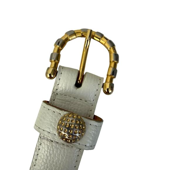 Vintage Belt Womens L White Leather Gold Metal Embellished Adjustable Old Money main image 7